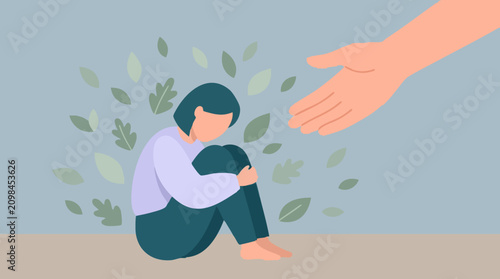 Cuadro en lienzo Illustration of a person suffering from depression receiving help and support