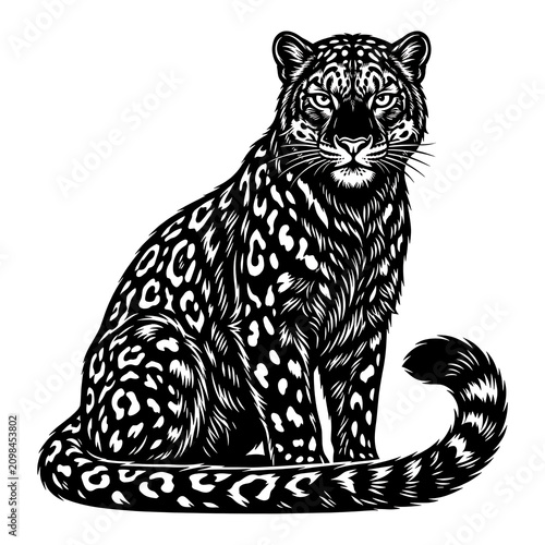 Canvas Print Black snow leopard sitting in profile view
