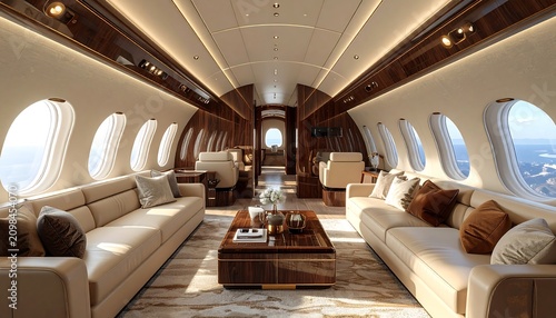 Luxurious private jet interior cabin with comfortable seating and ample space