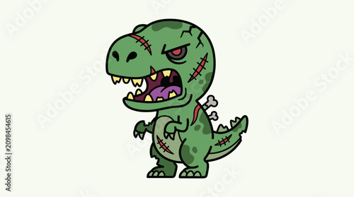 Green zombie dinosaur cartoon character standing isolated.