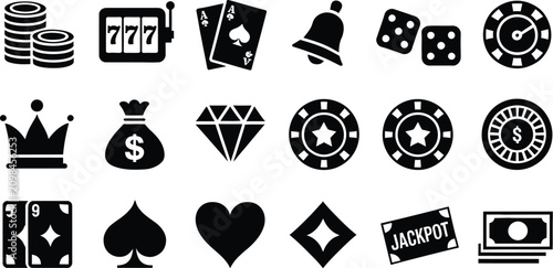 Fotografie Casino gambling icons, black silhouettes featuring slot machine, poker chips, playing cards, dice, roulette wheel and lucky gaming symbols