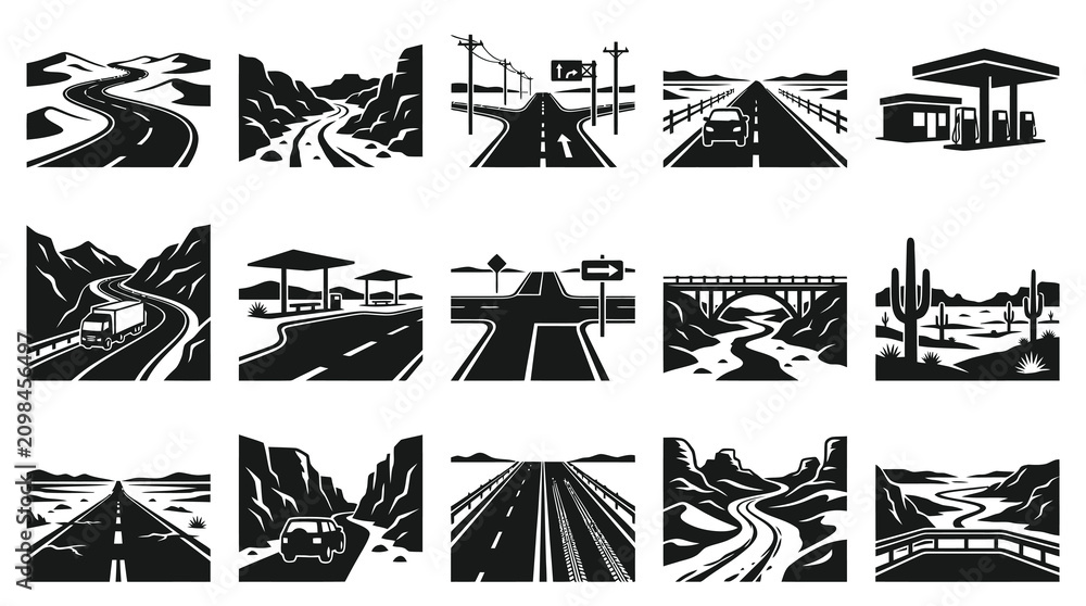 Fototapeta premium Transportation Roads Vector Icons Set: Black White Highways, Bridges, Gas Stations Travel Infrastructure