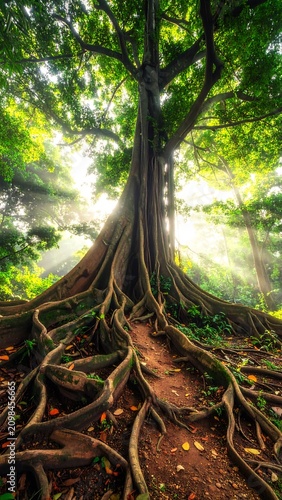 Majestic ancient tree with sprawling roots and sunbeams filtering through canopy