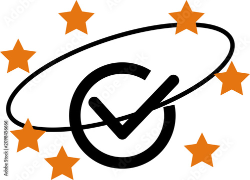 Hand-drawn checkmark symbol with flying stars. Isolated black tick sign on transparent background for approval success. PNG