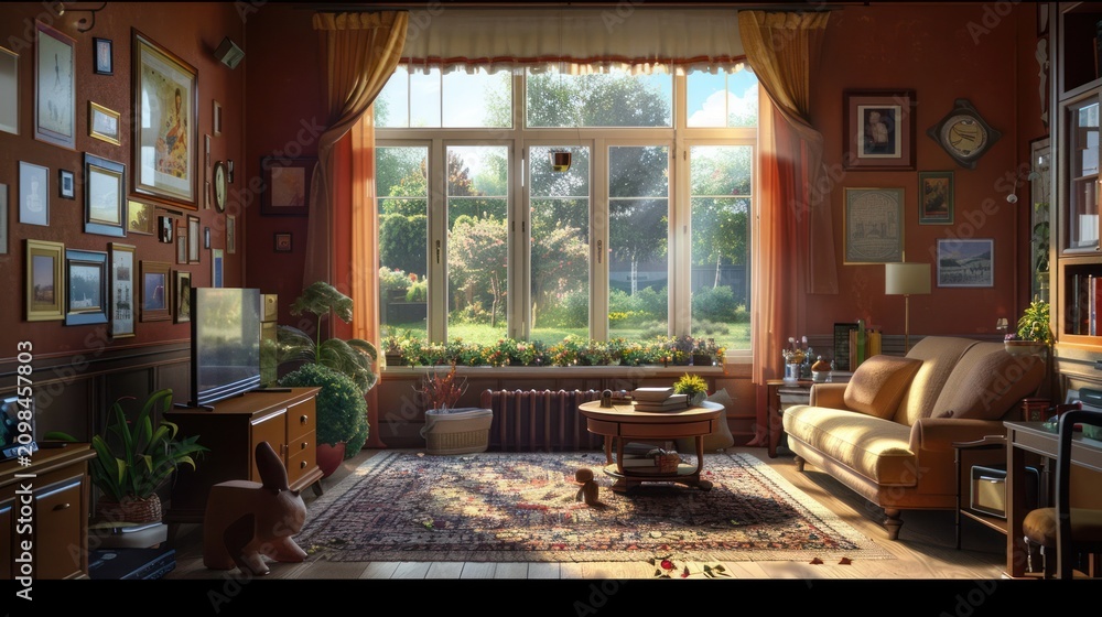 Fototapeta premium Cozy interior room with garden view