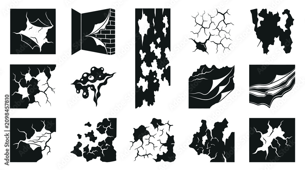 Fototapeta premium Black and White Vector Damage Icons Set: Cracks, Peeling, Broken Surfaces, and Grunge Abstract Effects