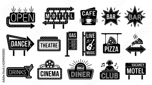 Black  White Retro Commercial  Hospitality Business Signs Vector Icons Set