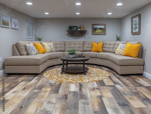 Living room interior with a comfortable sofa and wood-look flooring. Great shot for real estate or interior design marketing.