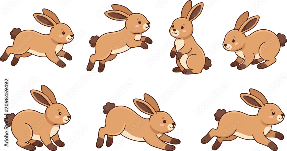 Naklejka premium Cute Brown Rabbit Character Collection with Leaping Sitting Crouching and Stretching Poses