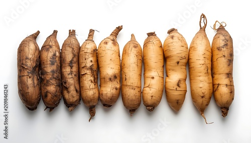 Nine rotting yams showing progressive decay stages. Fresh to severely decomposed root vegetables in food waste study.