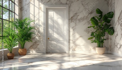 Bright room with a marble wall, closed door and plants in pots. Ideal for interior design or to illustrate a real estate listing.