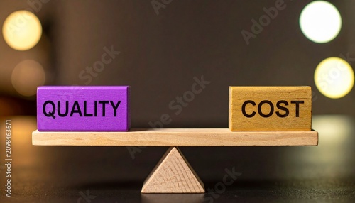 Wooden balance scale showing tradeoff between quality and cost