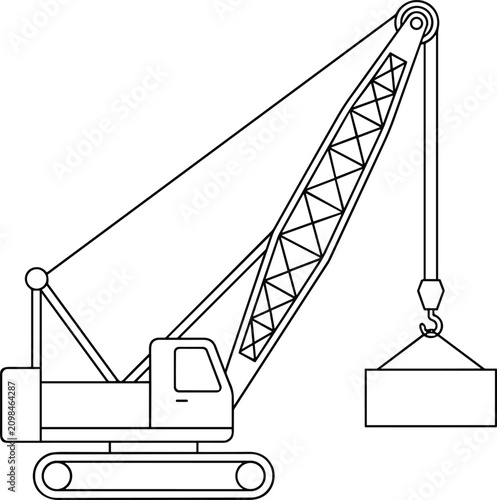 Foto Construction crane coloring page for kids with crawler vehicle lifting a heavy l