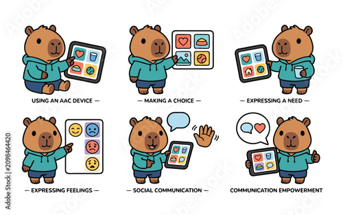 Cute AAC Communication Set with Kawaii Capybara Mascot, Communication Board, Picture Symbols and Nonverbal Expression, Isolated for Speech Therapy, Autism Support and Special Education Design