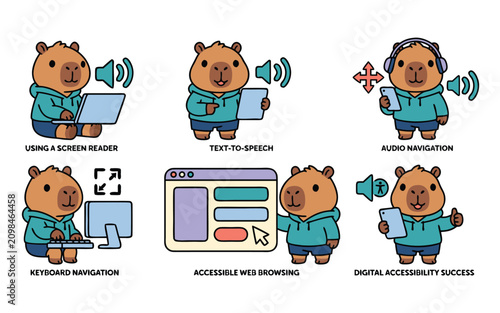 Cute Screen Reader Set with Kawaii Capybara Mascot, Text to Speech, Voice Navigation and Digital Accessibility, Isolated for Assistive Technology, Web Accessibility and Inclusive Design