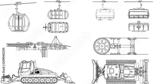 Fotografie Blueprint illustrations of gondola chairlift mechanisms and snowcat groomer for