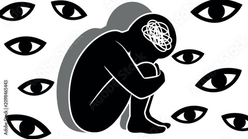 Konstfotografi Person sitting in fetal position feeling anxious with messy mind and many watchi