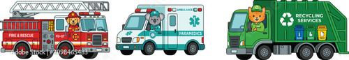 Photography Set of cartoon public service vehicles with animal drivers including fire truck
