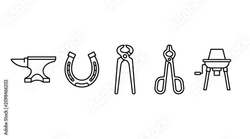 Quadro em tela Blacksmith farrier tools line icon collection.