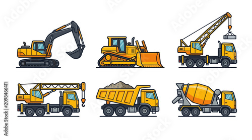 Фотография Heavy construction vehicle set with excavator and crane.