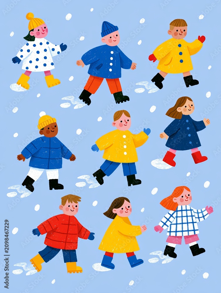Fototapeta premium Colorful Children's Winter Outfits in a Snowy Scene