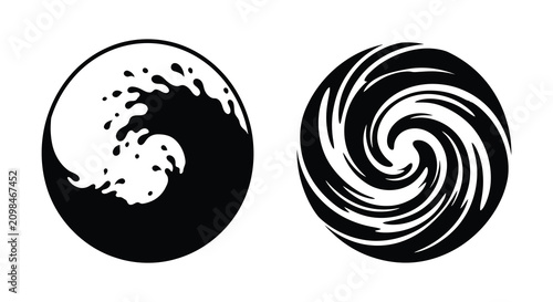 Foto Two circular wave silhouettes depicting ocean currents and swirling water black
