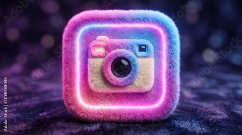 A fuzzy instagram logo with neon pink and blue lights on a dark background