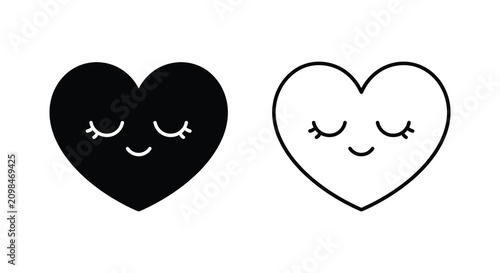 Fotografija Two heart shapes with closed eyes as a black fill and line art silhouette adorab