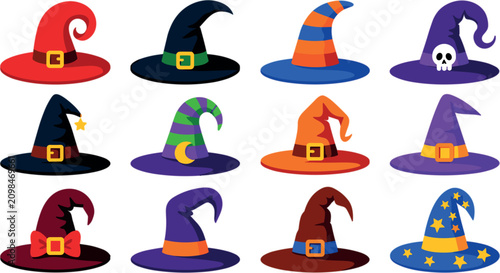 Halloween witch elements vector set with flat design spooky pumpkin cauldron ghost and bat clipart