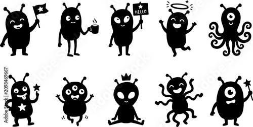 Set of cute alien character silhouettes in various poses and actions with silhouette character extraterrestrial creature collection isolated whimsical illustration elements movement