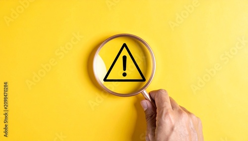 Magnifying glass reveals warning sign, caution focus on yellow background