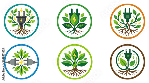 Foto Sustainable energy circular icons featuring plants and plugs.