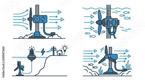 Obraz na płótnie Technical schematic diagrams for tidal and hydro energy.