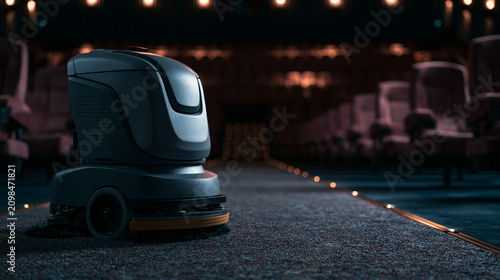 Robotic floor scrubber cleaning the aisle carpet inside dark movie theater auditorium.