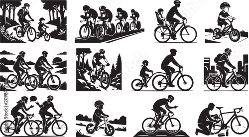 Bild auf Leinwand Collection of black and white bicycle featuring silhouettes of cyclists, childre