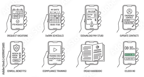 Employee mobile app for work schedule, requests, pay stub and benefits management.