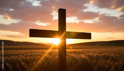 Christian cross against a beautiful sunset sky in nature