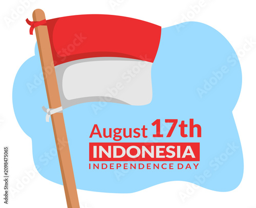 Flat cartoon of the Indonesian flag flying on a pole