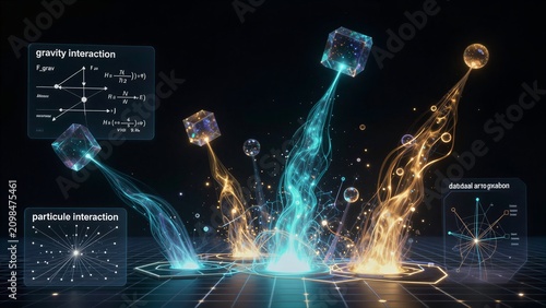 Futuristic data streams and scientific interfaces illuminate a digital cosmos of physics exploration.
