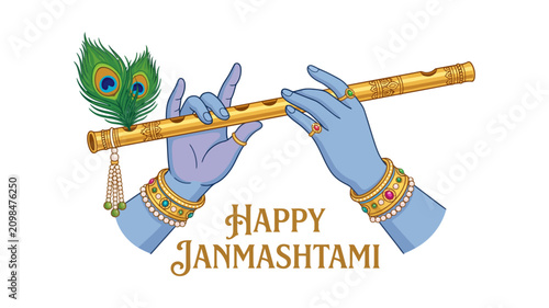 Happy Janmashtami Greeting Featuring Lord Krishna Hands Playing Golden Flute With Peacock Feather