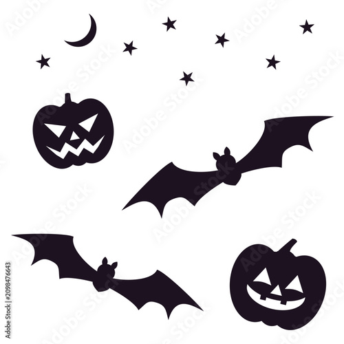 ハロウィンのコウモリとジャックオーランタンのシルエットイラストセット