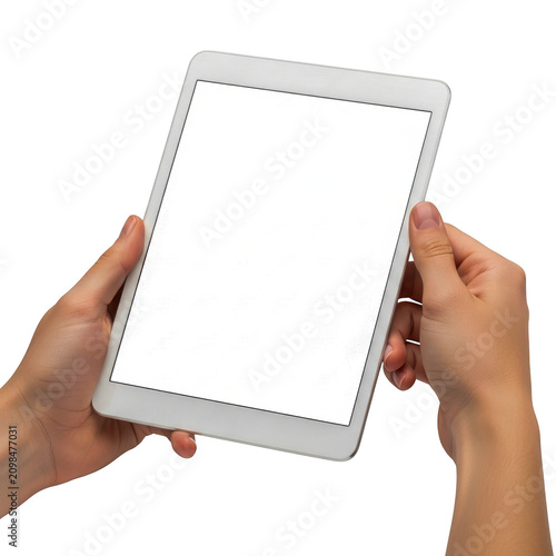 Person holding a white tablet computer with blank screen isolated on transparent background