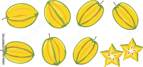 Bild auf Leinwand Fresh Tropical Star Fruit Vector Illustration Set Featuring Whole Ripe Carambola