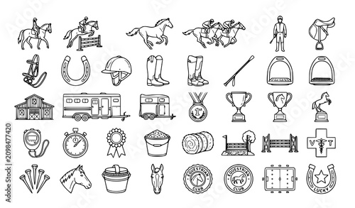 фотографія Horse riding editable line icon set with racing horseshoe and medal vector