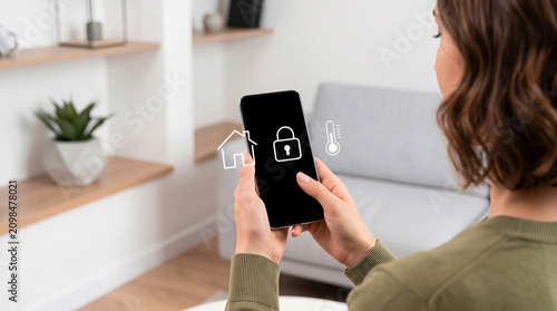 Woman using a smartphone app to control smart home security and temperature with digital icons in a modern living room