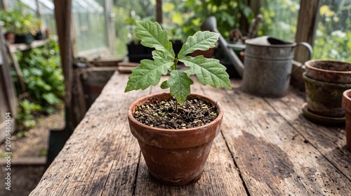 Small Oak Sapling Growing in a Terracotta Pot on a Weathered Wooden Table inside a Garden Greenhouse