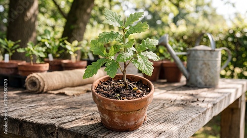 A young oak sapling in a terracotta pot, ready for planting in a garden setting with tools in the background