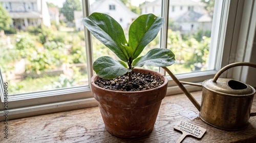 Small Fiddle Leaf Fig Plant in Terracotta Pot on Wooden Windowsill with Brass Watering Can