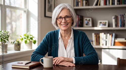 Happy mature woman with short white hair and glasses sitting at a wooden desk in a bright room with a bookshelf