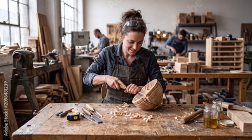 Female carpenter carving a wooden bowl with hand tools in a busy woodworking workshop